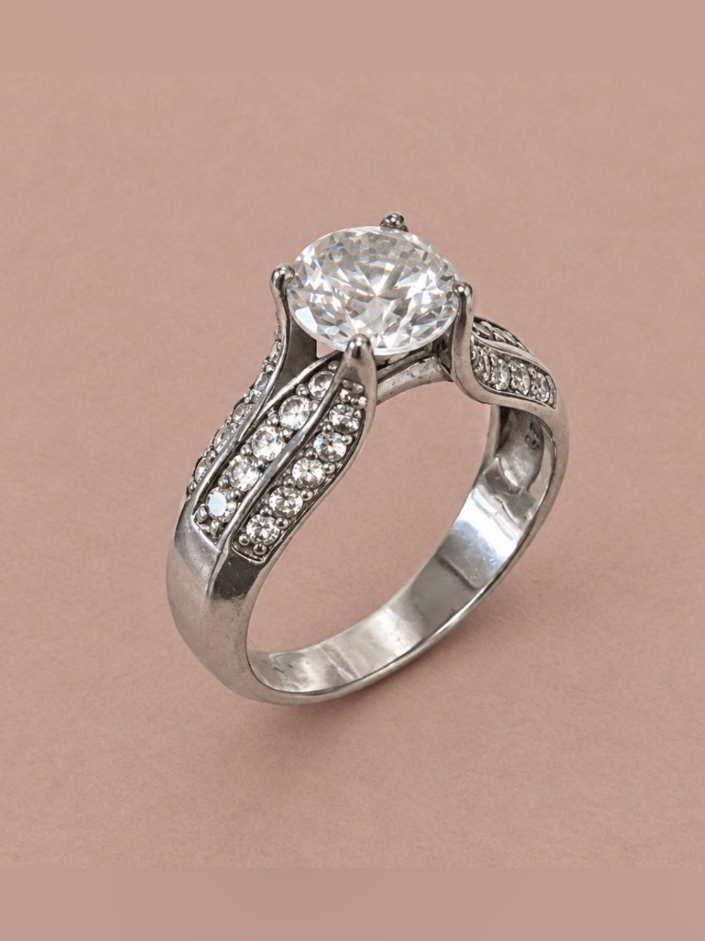 Vintage Sterling Silver 925 CZ Solitaire Engagement Ring Pave Band Size 8